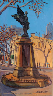 Plein air oil painting of Pyrmont war Memorial "Angel Of Union Square"of Union Square Pyrmont by industrial heritage artist Jane Bennett