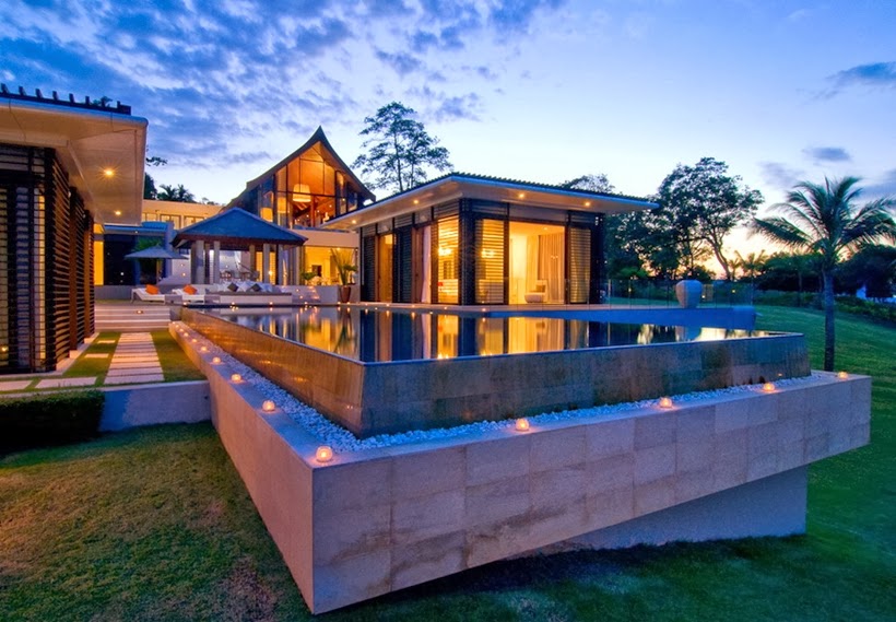 Swimming pool at night in Contemporary villa in Phuket, Thailand