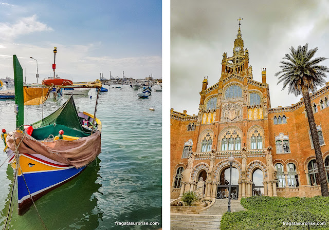 barcos típicos de Malta e Hospital Sant Pau em Barcelona