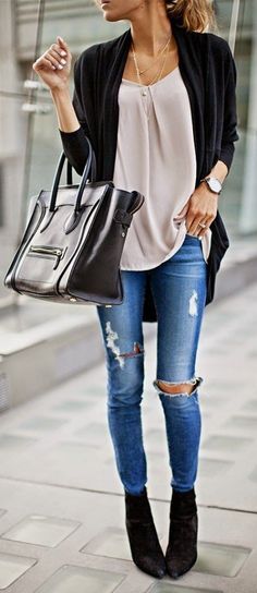 fashionable look / ripped jeans + boots + bag + top + cardi