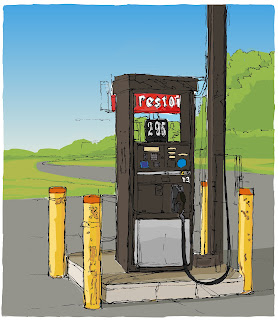 Pen and ink drawing of Diesel Gas Pump, colored with Adobe Ideas and Illustrator.