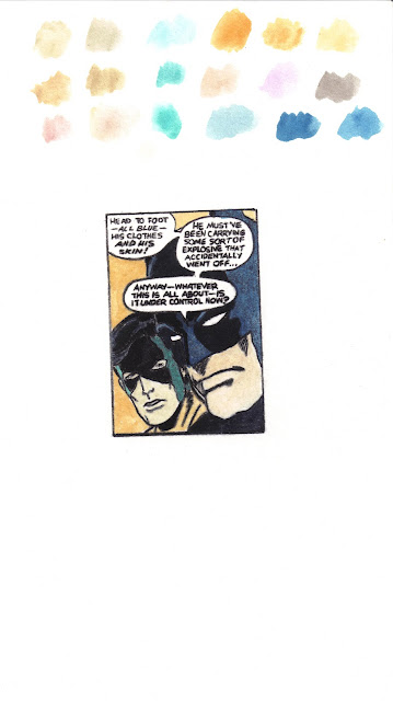 The Caped Crusaders Discover International Terrorism, trompe l'oeil watercolors on paper, 3x2 inches. 