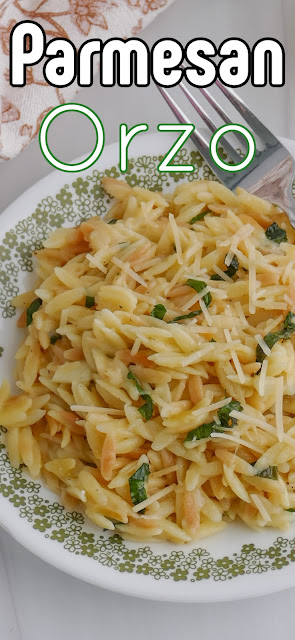 Parmesan Orzo on a white and green plate with a recipe title text overlay.
