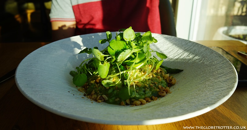 Watercress Risotto with Feta, Asparagus and Hazelbnut Crumb