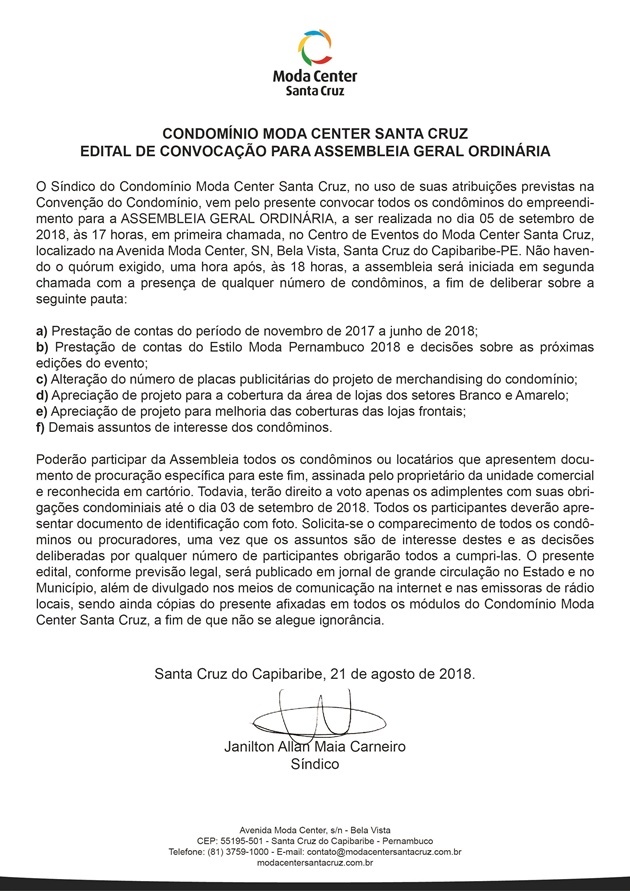 Moda Center Santa Cruz divulga edital de convocação para assembleia que acontecerá no dia 05 de setembro