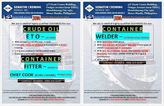 seaman job hiring deployment November-December 2018  for Filipino crew join onboard at container and oil tanker ships.