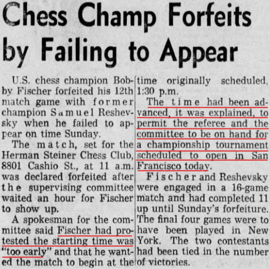 Chess Champ Forfeits by Failing to Appear