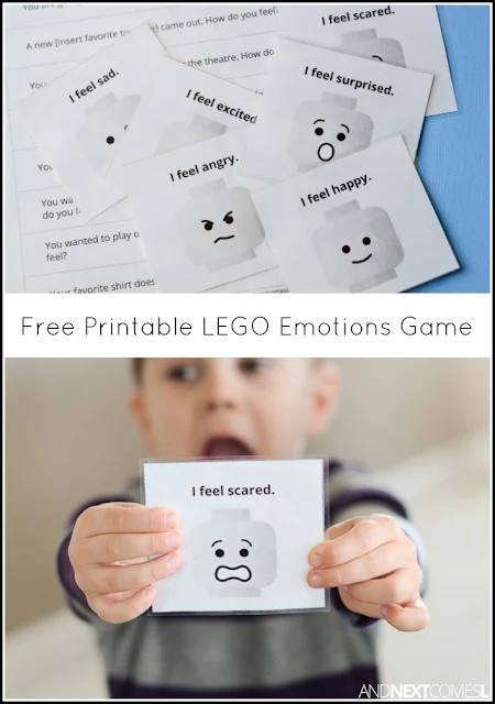 Free printable LEGO emotions inference game for kids from And Next Comes L