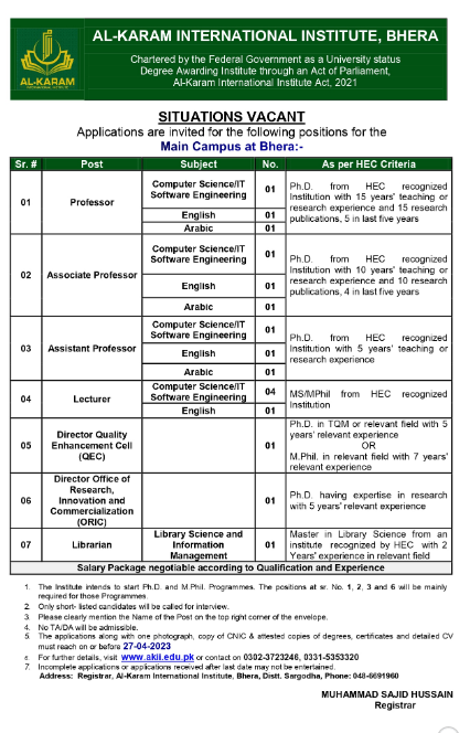 Al-Karam International Institute Bhera Assistant Jobs 2023- Lecturer and Assistant Jobs At Bhera 2023