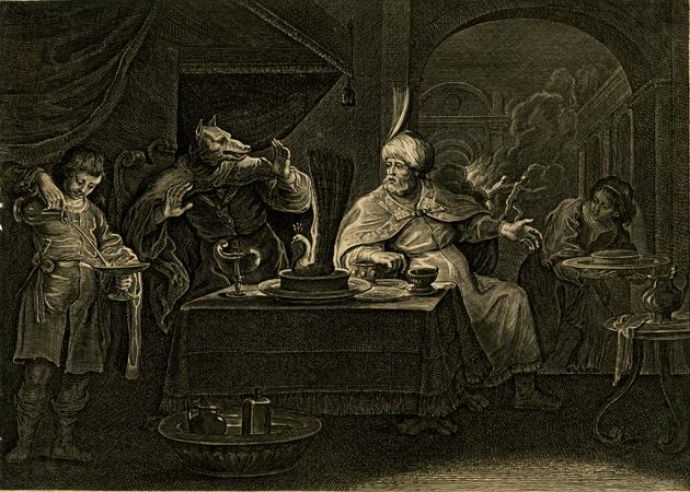 a dark black and white image of a man with a regal head wrap seated at a table with food on. Pulling away from him is a man with a wolf's head. Two younger people look on, one on the far left, one on the far right