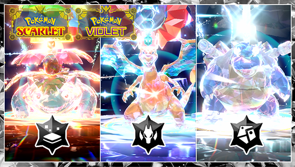 Imagens de Venasaur, Charizard e Blastoise em suas formas Tera em Pokémon Scarlet/Violet.