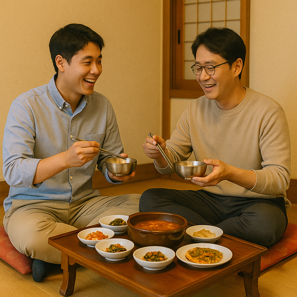Two Korean friends sitting side-by-side on the floor, sharing a meal in a traditional Korean setting, illustrating the cultural practice of communal dining.