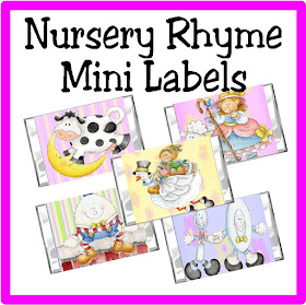 Add a little sweetness to your baby shower with these Nursery Rhyme mini candy bar wrappers.  You'll find Little Bo Peep, the Cow jumping over the Moon, the Dish running away with the Spoon, Humpty Dumpty, and Old Mother Goose.