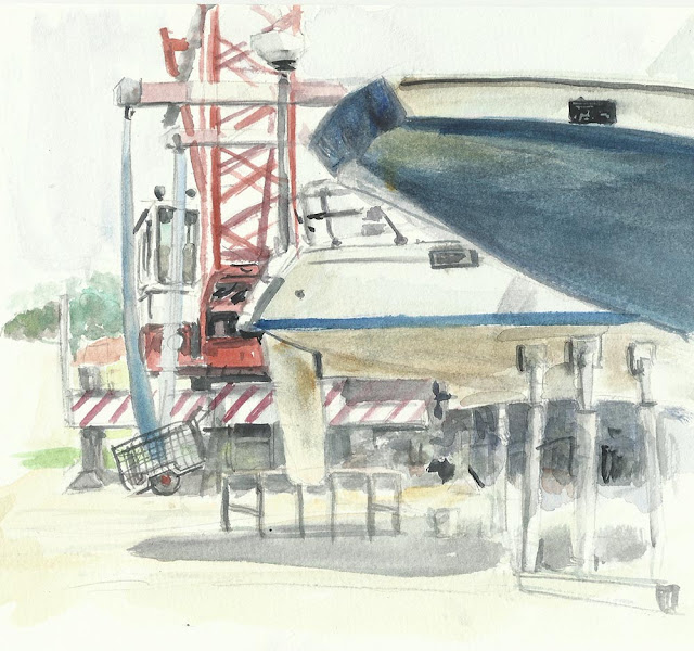 boat yard with crane and hulls of boats sketch