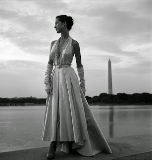 Fashion model posing in an evening gown on the steps of the Jefferson Memorial, Washington, District of Columbia | Toni Frissell | Library of Congress