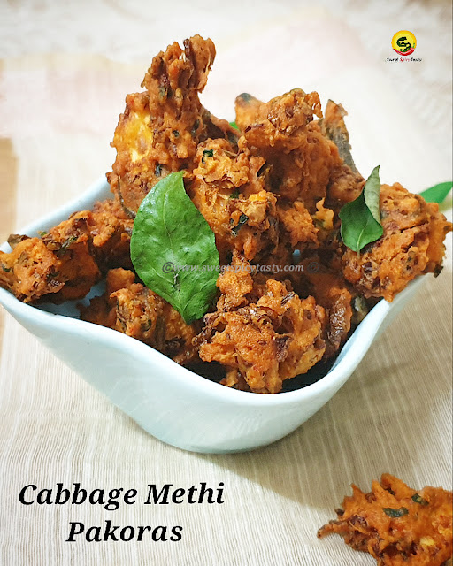 Deep fried snack prepared by mixing fenugreek, cabbage with gram flour and spices.  Pakoras are a winter or rainy special snack loved by all.