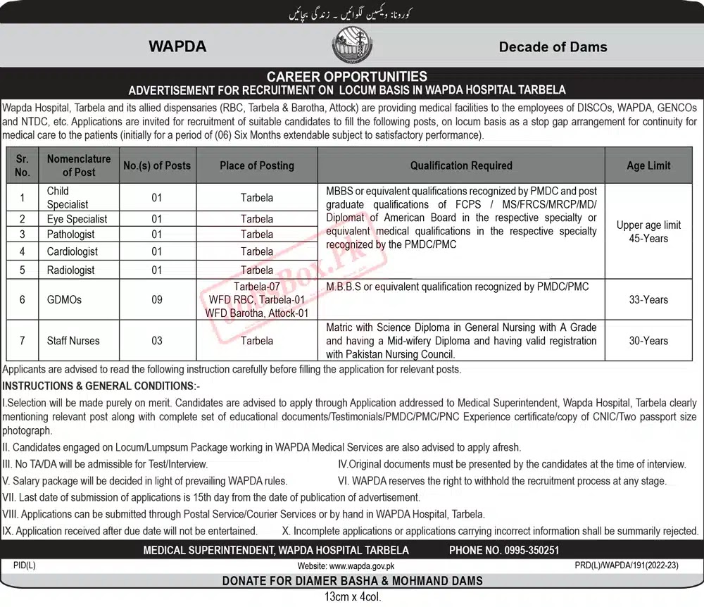 Wapda Jobs 2023 Jobs by www.wapda.gov.pk -  Wapda Hospital Tarbela Jobs 2023