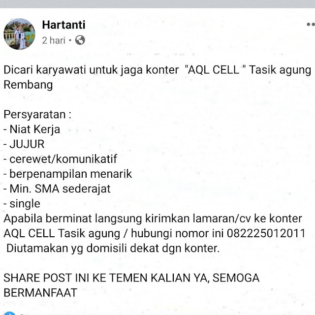 Lowongan Kerja Pegawai AQL Cell Tasikagung Rembang