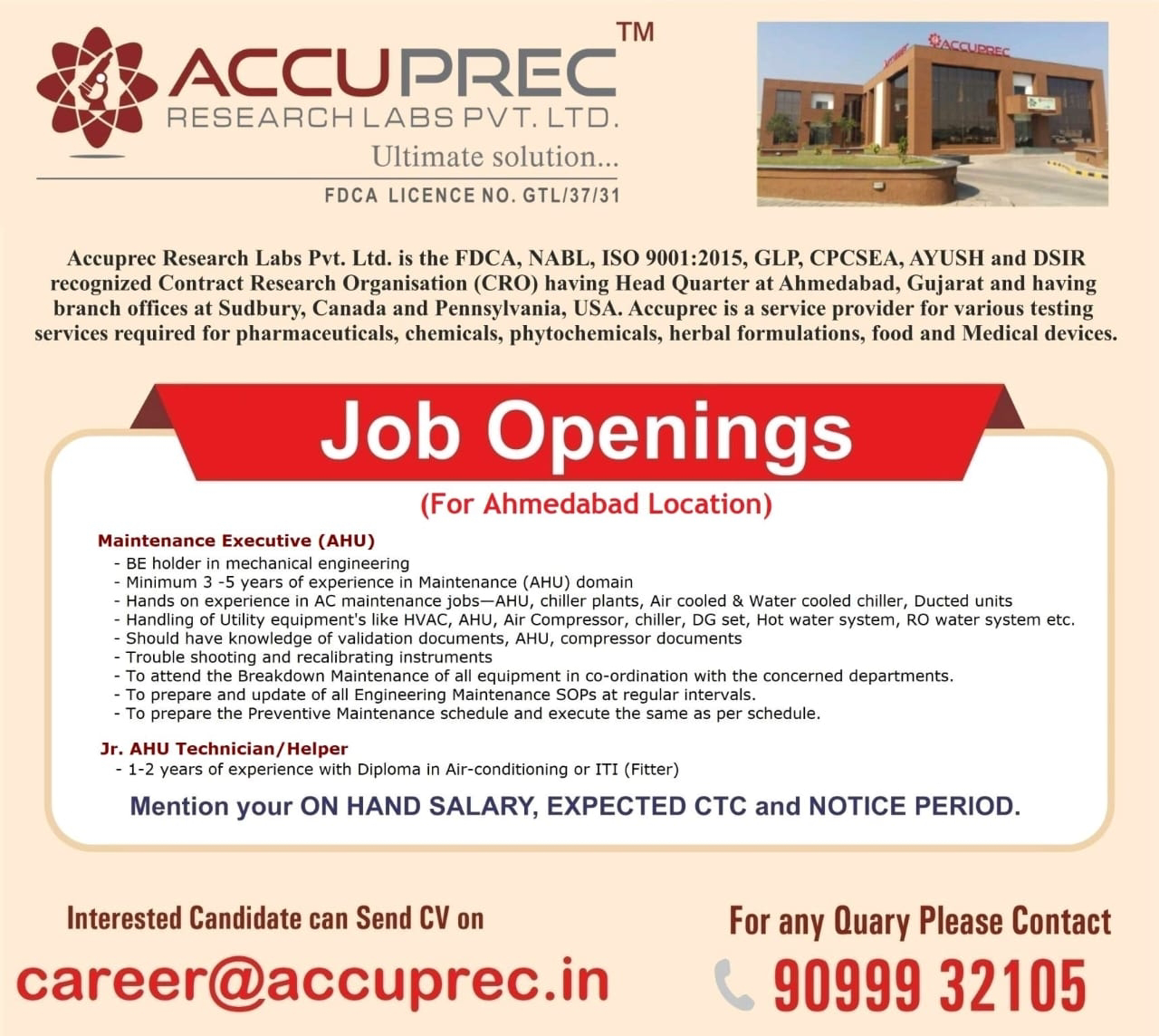 Job Availables,ACCUPREC RESEARCH LABS PVT. LTD. Job Vacancy For Maintenance Executive(AHU) ,Jr. AHU Technician/Helper