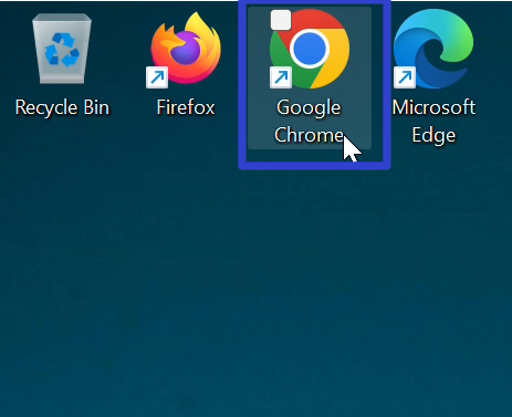 The cursor double clicks the "Google Chrome" shortcut icon on the Desktop.