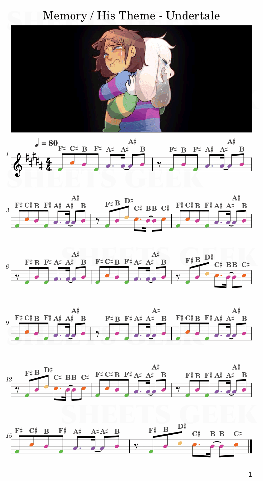 Memory / His Theme - Undertale Easy Sheet Music Free for piano, keyboard, flute, violin, sax, cello page 1