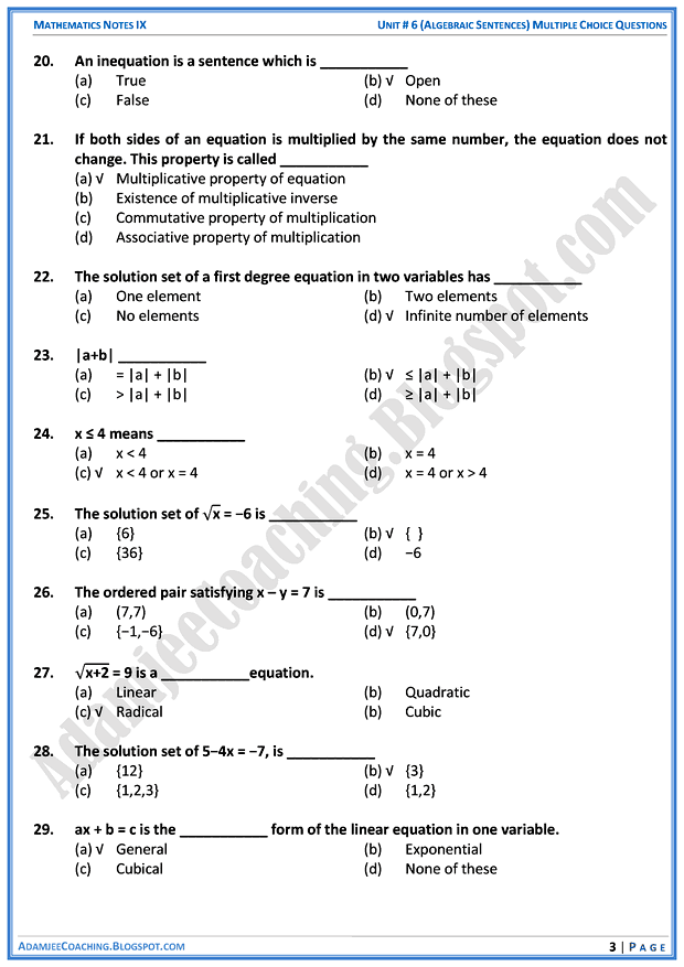 algebraic-sentences-mcqs-mathematics-10th