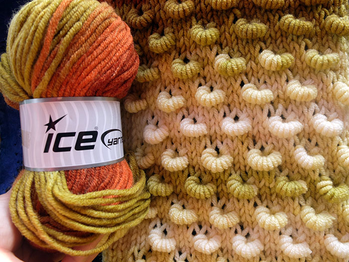 Helical stitch scarf knitted with Ice yarns Merino Magic Bulky yarn.