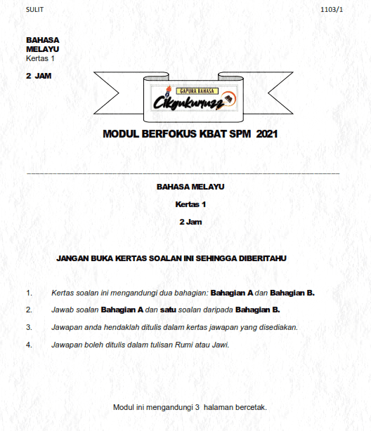 Modul Berfokus Kbat Spm Bahasa Melayu Kertas 1 1103 1 Percubaan Spm 2021