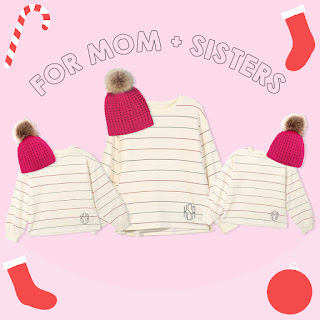 Mom and Sisters matching outfits with Puff Sleeve Striped Sweatshirts and beanies