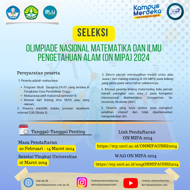 Jadwal ON MIPA Perguruan Tinggi dan Ini Jadwal Seleksi di UNRI