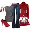 Look ideal primavera: jean, remera, saco cruzado rojo y a tono zapatos, cartera y accesorios