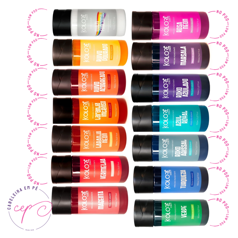 Diluidor e Pigmentos (Ruivo Dourado, Laranja Intenso, Laranja Neon, Ruivo Acobreado, Vermelho, Rosa Neon, Magenta, Marsala, Roxo Azulado, Roxo Abissal, Azul Royal, Turquesa e Verde) - Kolorê (No Poo)