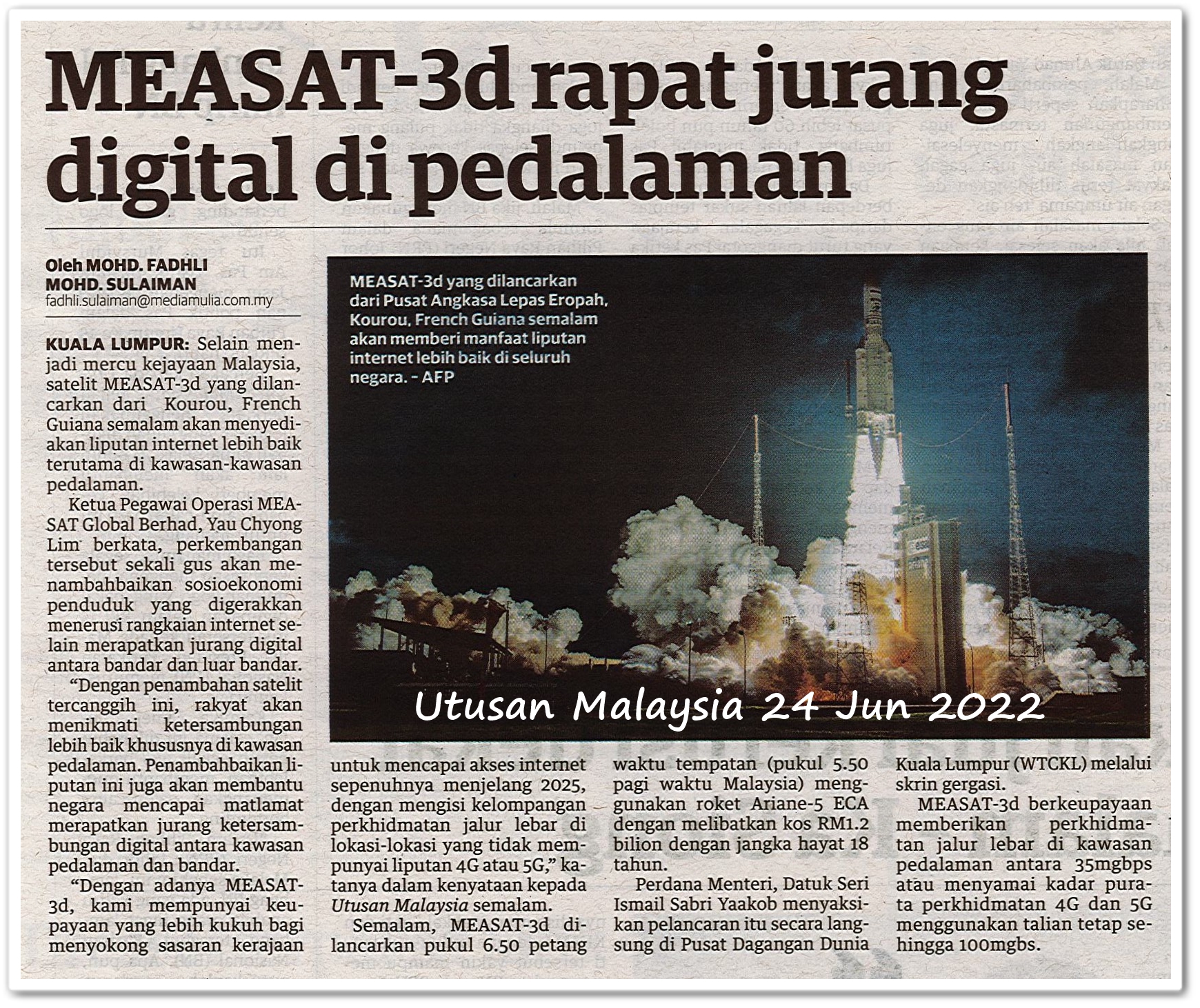 MEASAT-3d rapat jurang digital di pedalaman  - Keratan akhbar Utusan Malaysia 24 Jun 2022