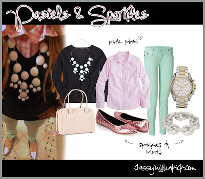 Pastels & Sparkles - Sparkle Flats, MInt Skinny Jeans, Pink Plaid, Pave Bracelet