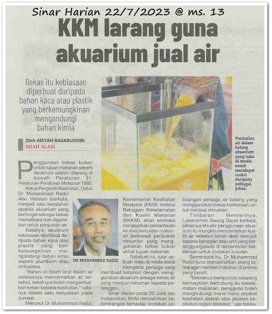 KKM larang guna akuarium jual air - Keratan akhbar Sinar Harian 22 Julai 2023