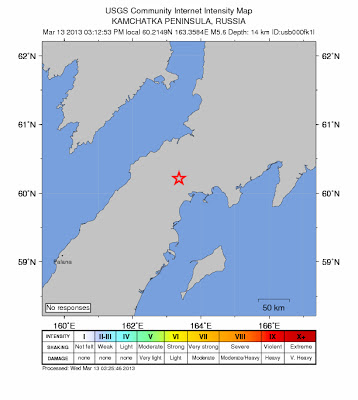 Epicenttro sismo 5,6 grados en Península de Kamchatka, Rusia, 13 de Marzo de 2013