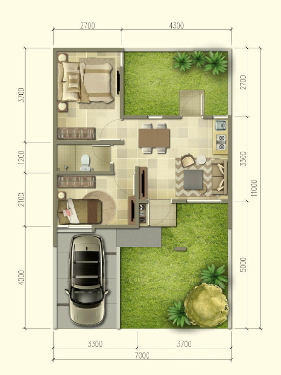 LINGKAR WARNA Denah rumah  minimalis  ukuran  7x11  meter 2  