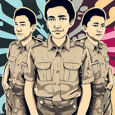 ilustrasi tiga orang ASN dengan baju khaki lengan pendek dan background pop art