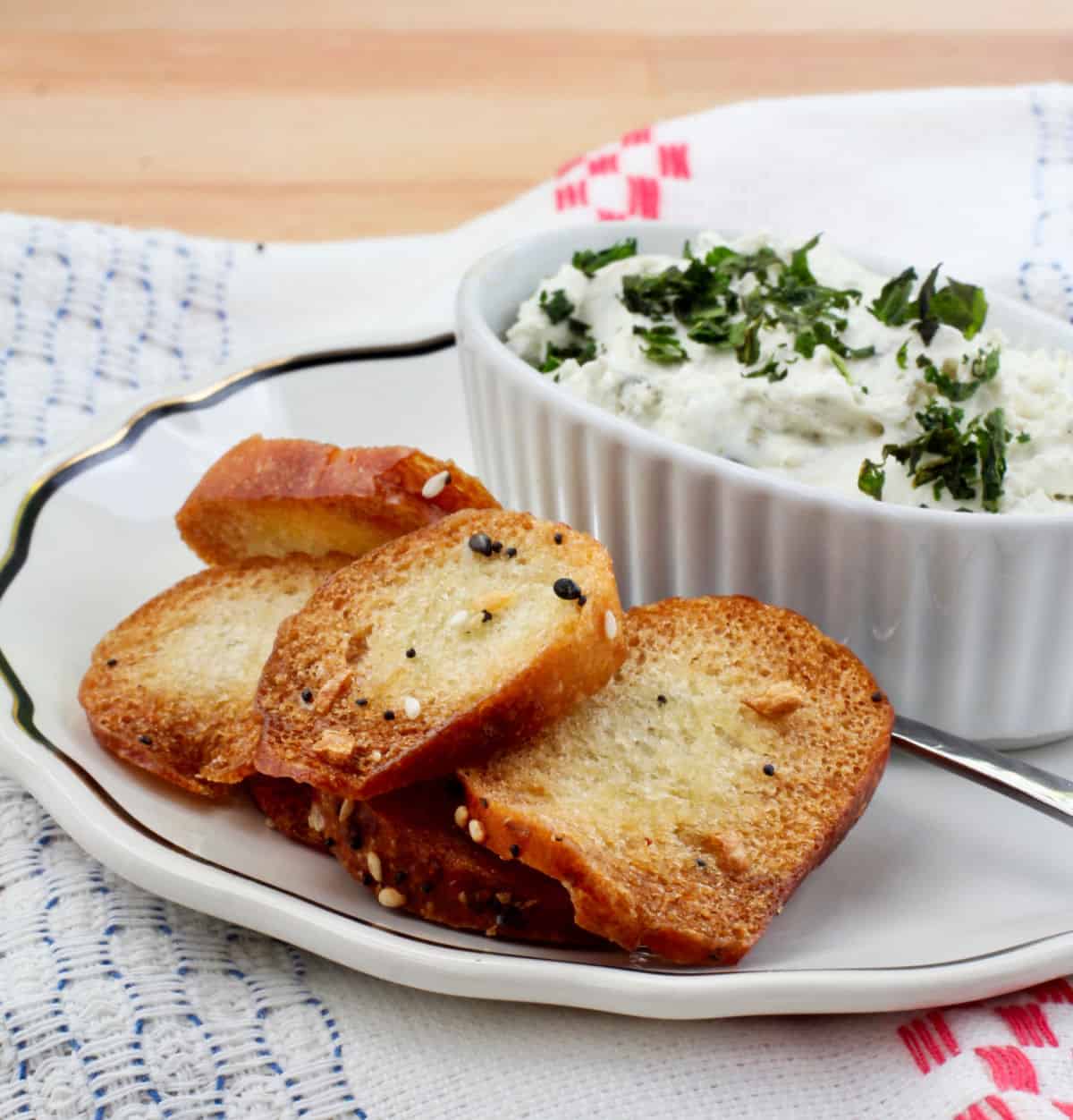 Bagel Chips from Leftover Bagels with a cheese spread.