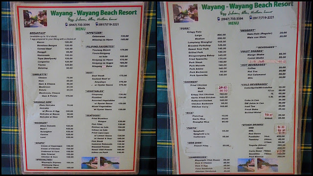 food and drinks menu at Wayang-wayang Beach Resort, Allen Northern Samar