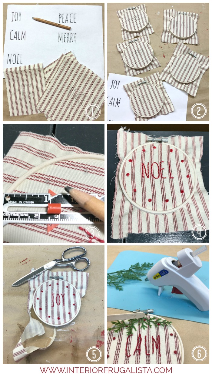 Easy DIY Rae Dunn ornaments with modern farmhouse style Christmas decoration idea with recycled ticking stripe slipcover and small embroidery hoops.