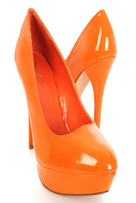 Orange Crinkle Patent Round Close Toe Platform Heels