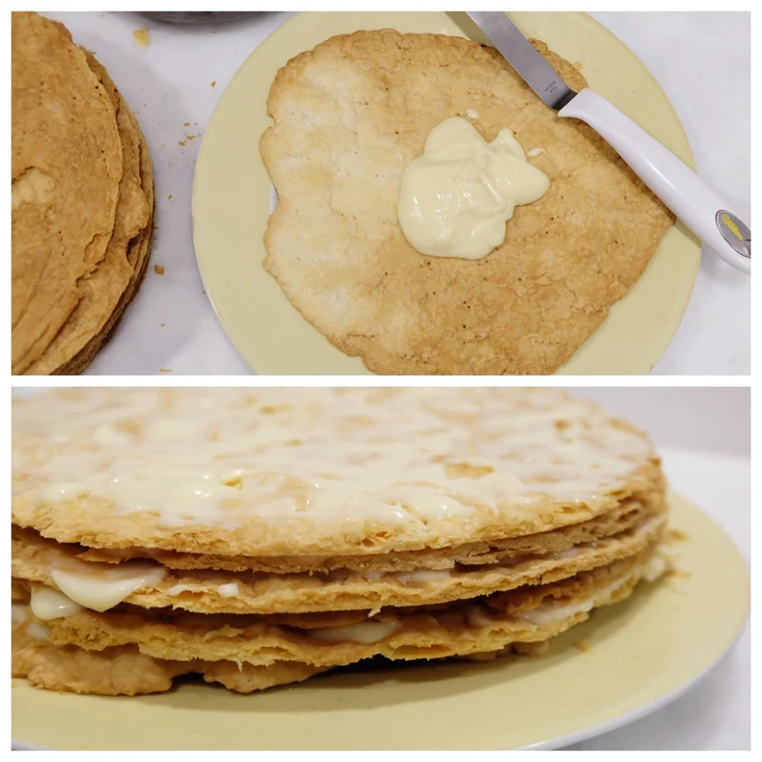 layering custard and pastry circles on a plate