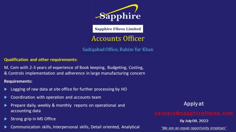 Sapphire Fibres Ltd Jobs For Account Officer