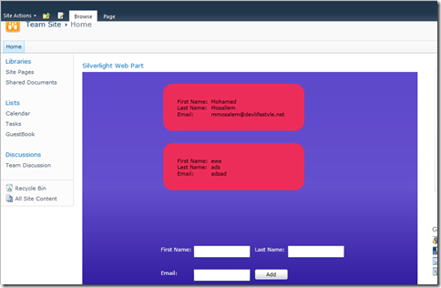 The Silverlight application running inside SharePoint