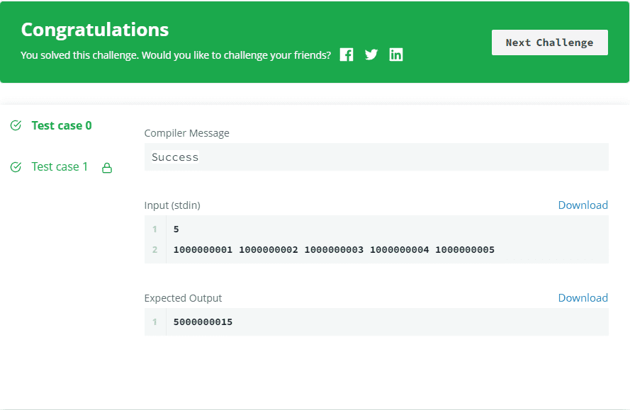 A Very Big Sum Hackerrank Solution Output