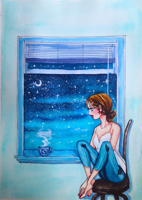 How to draw Girl drinking tea sitting at window against night 