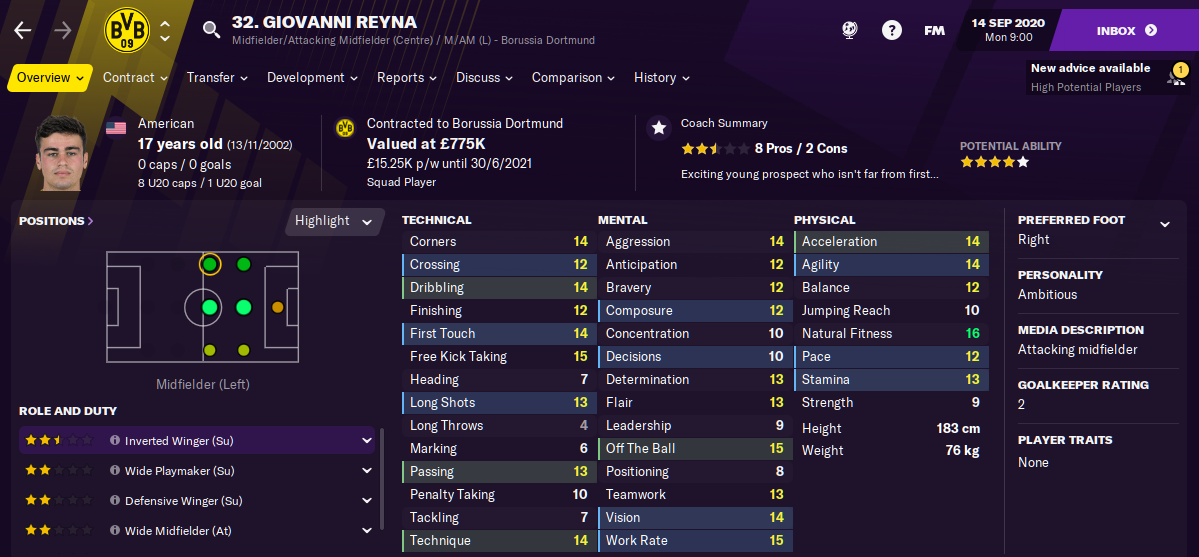 Football Manager 2021 Giovanni Reyna FM21