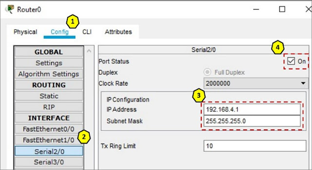 Router0 konfigurasi interface Serial2/0 menggunakan GUI