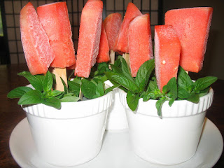 frozen sections of watermelon on a popsicle stick in flower pots 